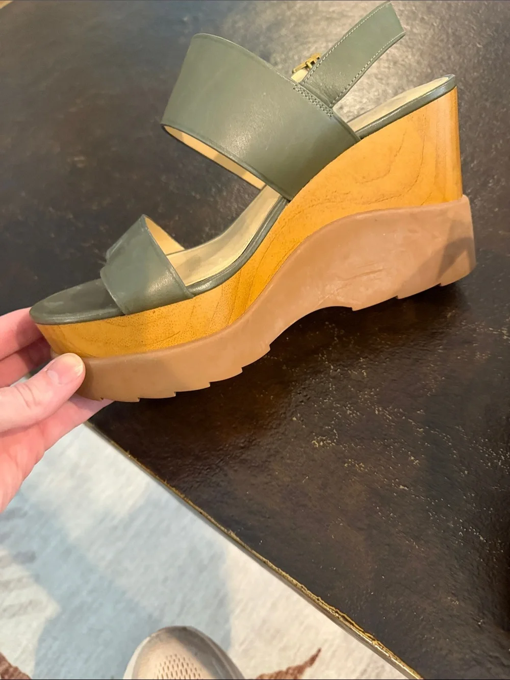 MICHAEL Michael Kors Olive Green Leather Platform Wedge Sandals
